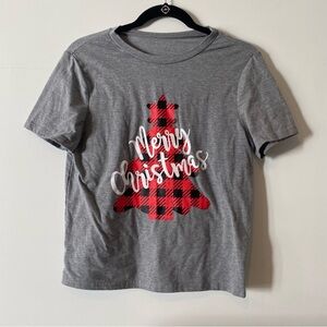 Holiday Festive No Brand Merry Christmas Graphic Tee Womens M Gray Red Plaid‎
